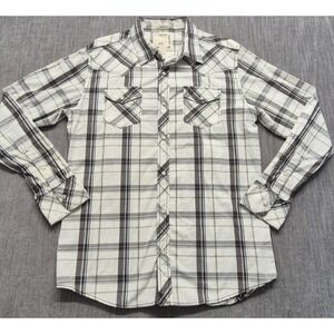 BKE mens white plaid athletic fit western style shirt LG peal snap Cotton pocket